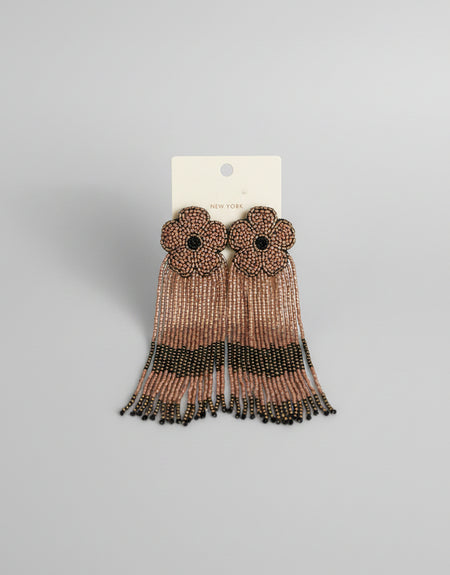 Flower Fringe Beaded Earrings-Bronze
