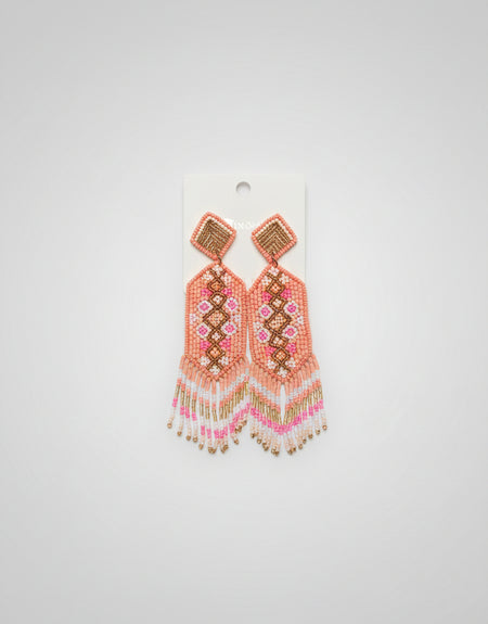 Tribal Peach Fringe Beaded Earrings