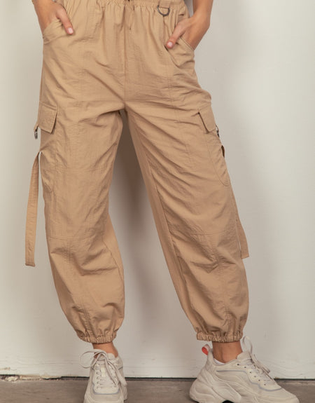 Relaxed Elastic Waist Solid Woven Cargo Pants