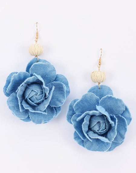 Denim Bead Flower Earrings Light Blue