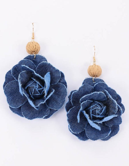 Denim Bead Flower Earrings Dark Blue