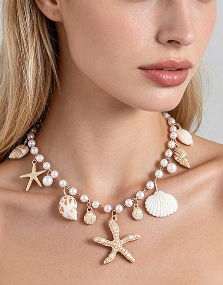 Seashell Charm Beaded Statement Necklace - ReservedChic