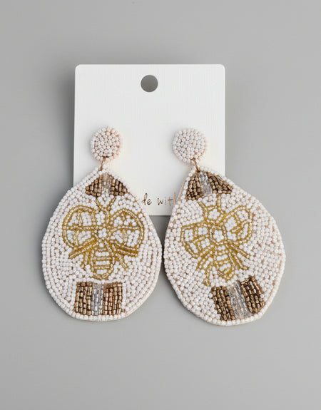 Queen Bee Oval Beaded Earrings-White