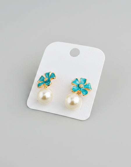 Teal Blossom Pearl Dangle Earrings
