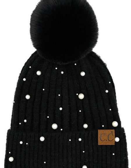 C.C Pearl Embellishments Pom Beanie Black