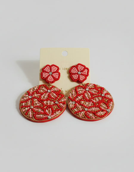 Tilly Pearl Flower Beaded Earrings - Red - ReservedChic
