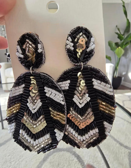 Black White Beaded Oval Earrings