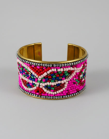 Butterfly Beaded Cuff Bracelet- Pink