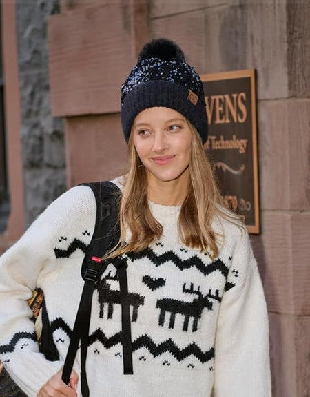 C.C. Sequin Fur Pom Beanie Black