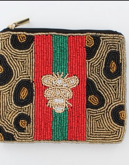 Honey Bee Leopard Beaded Coin Purse