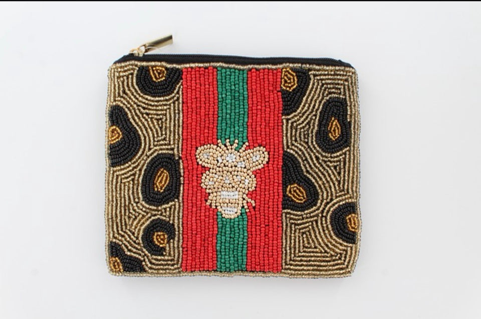 Honey Bee Leopard Beaded Coin Purse