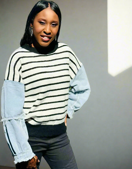 Denim Sleeve Stripe Sweater