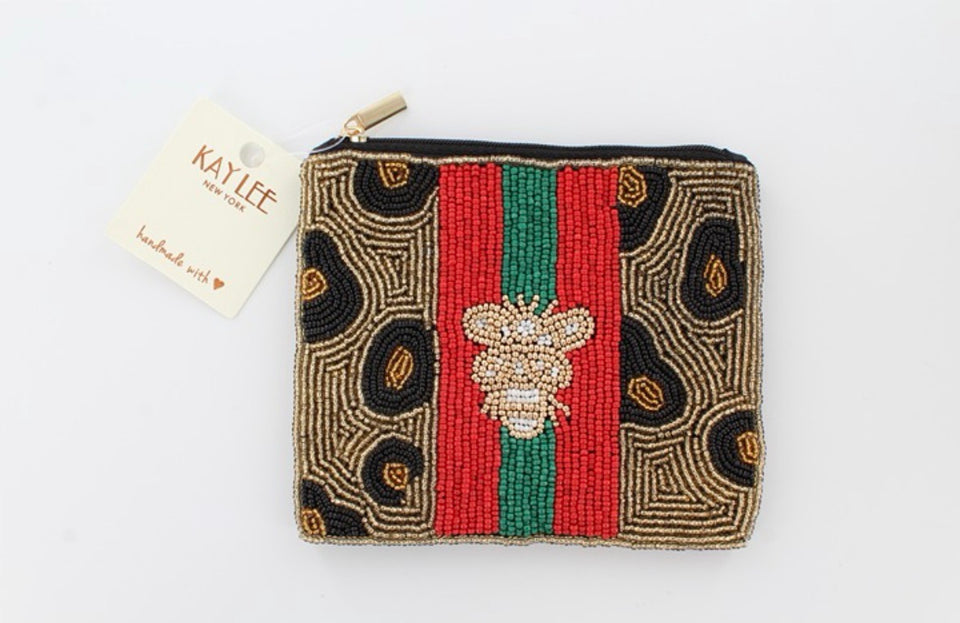 Honey Bee Leopard Beaded Coin Purse