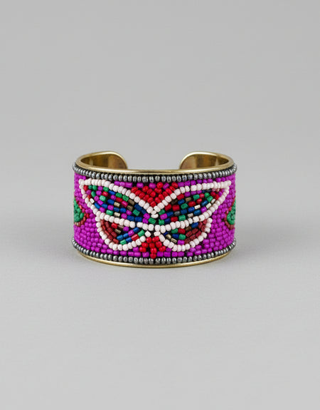 Butterfly Beaded Cuff Bracelet- Pink