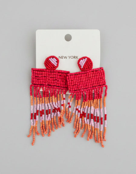 Kasey Red Fringe Beaded Earrings - ReservedChic