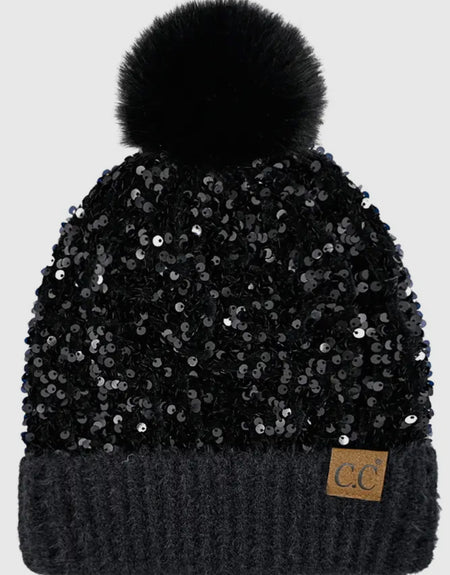 C.C. Sequin Fur Pom Beanie Black