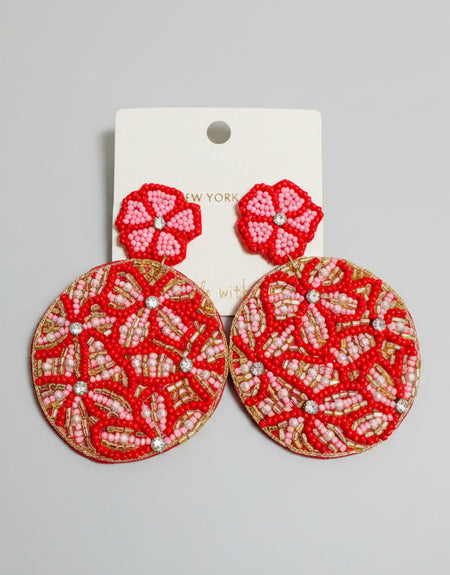Tilly Pearl Flower Beaded Earrings - Red - ReservedChic