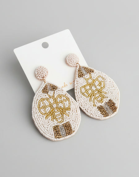 Queen Bee Oval Beaded Earrings-White