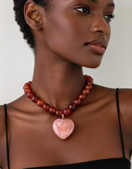 Marbled Peach Heart Bead Necklace - ReservedChic