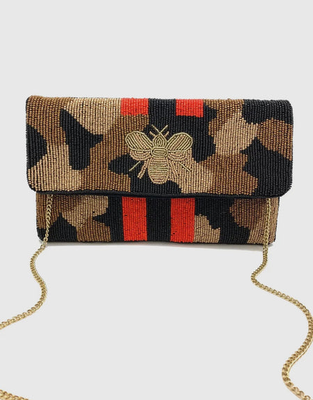 Camo Bee Beaded Clutch-Gold