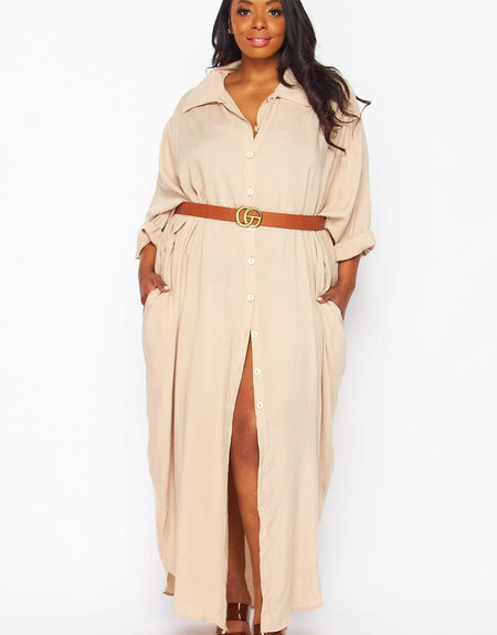 Chic Taupe Button Down Shirt Dress