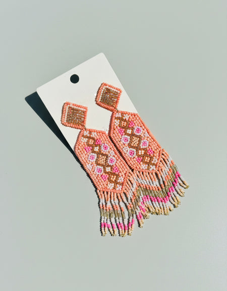 Tribal Peach Fringe Beaded Earrings