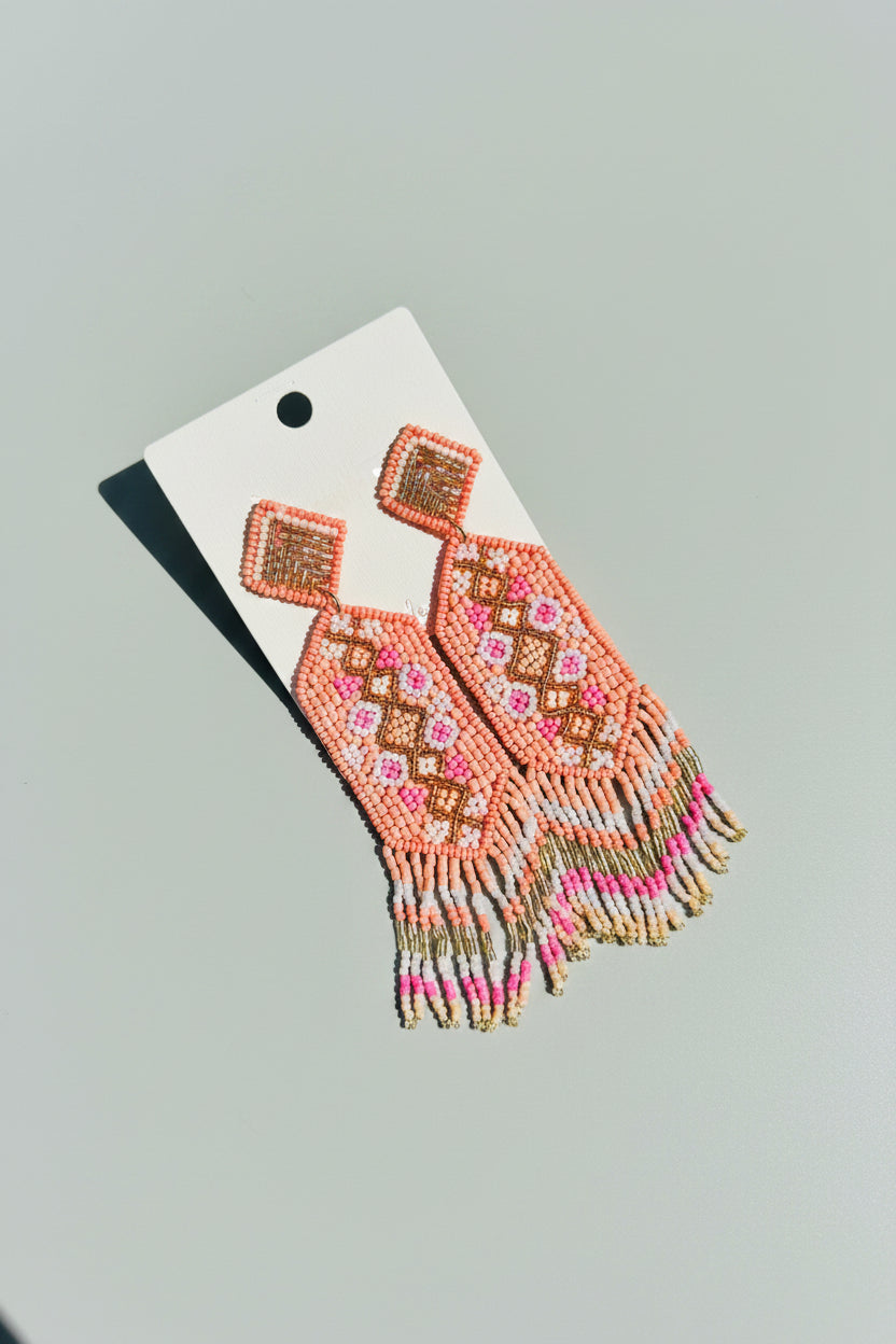 Tribal Peach Fringe Beaded Earrings