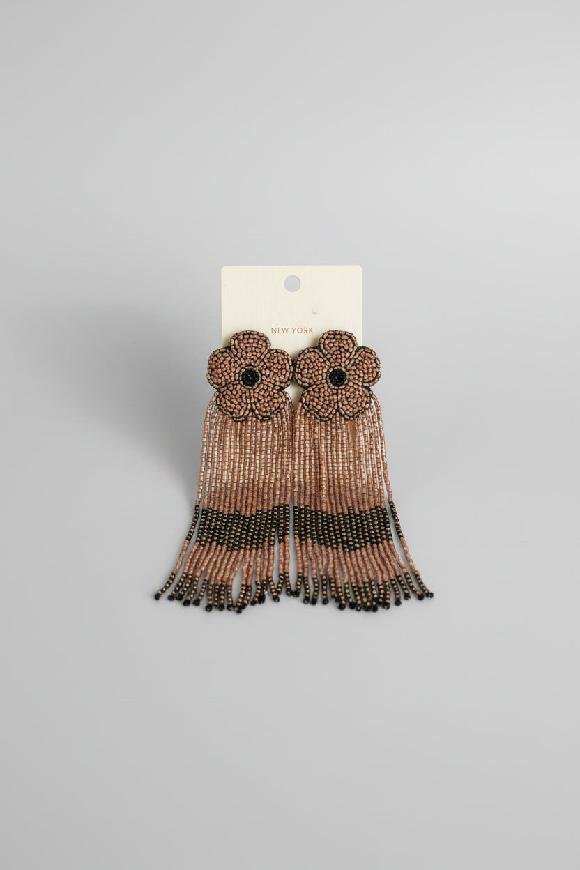 Flower Fringe Beaded Earrings-Bronze