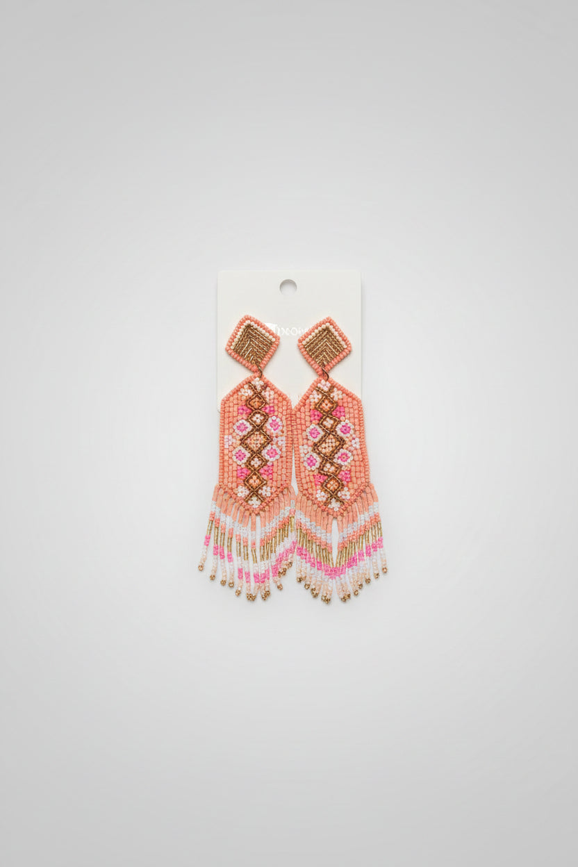 Tribal Peach Fringe Beaded Earrings