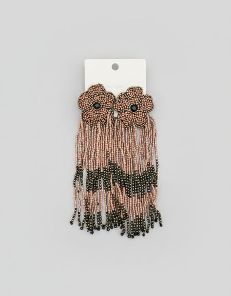 Flower Fringe Beaded Earrings-Bronze