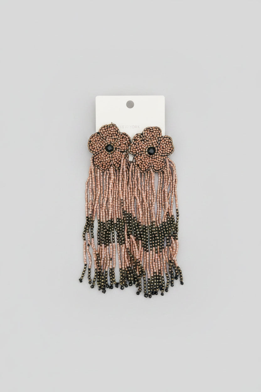 Flower Fringe Beaded Earrings-Bronze