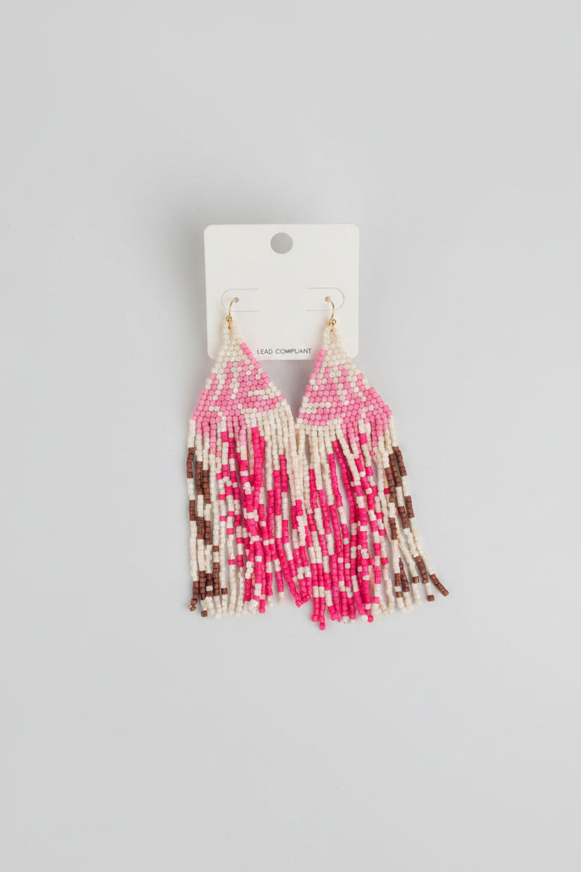 Pink and White Fringe Beaded Earrings - ReservedChic