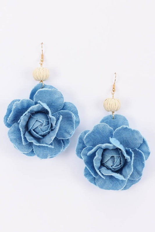 Denim Bead Flower Earrings Light Blue