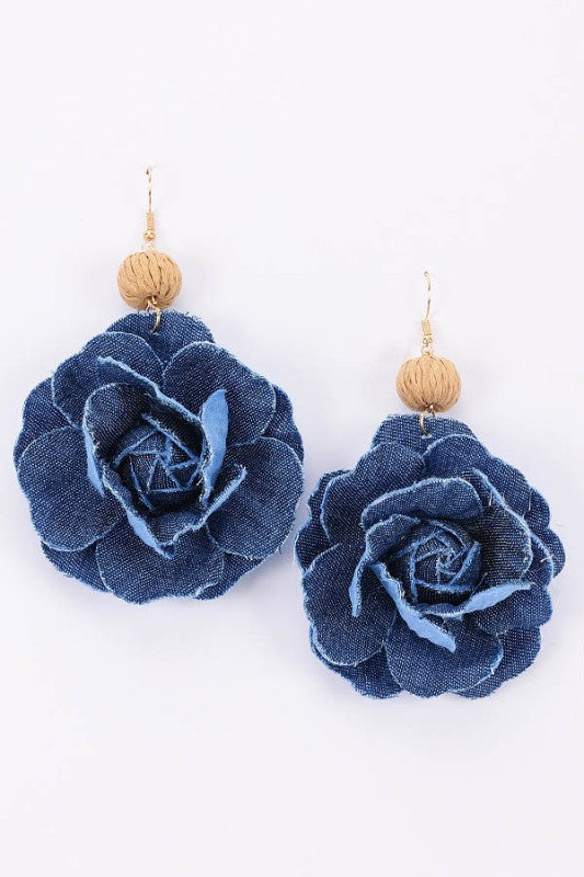 Denim Bead Flower Earrings Dark Blue