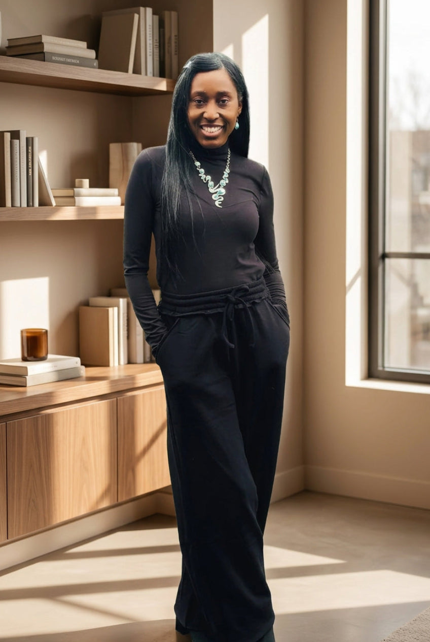Casual Solid Wide Leg Sweatpants- Black
