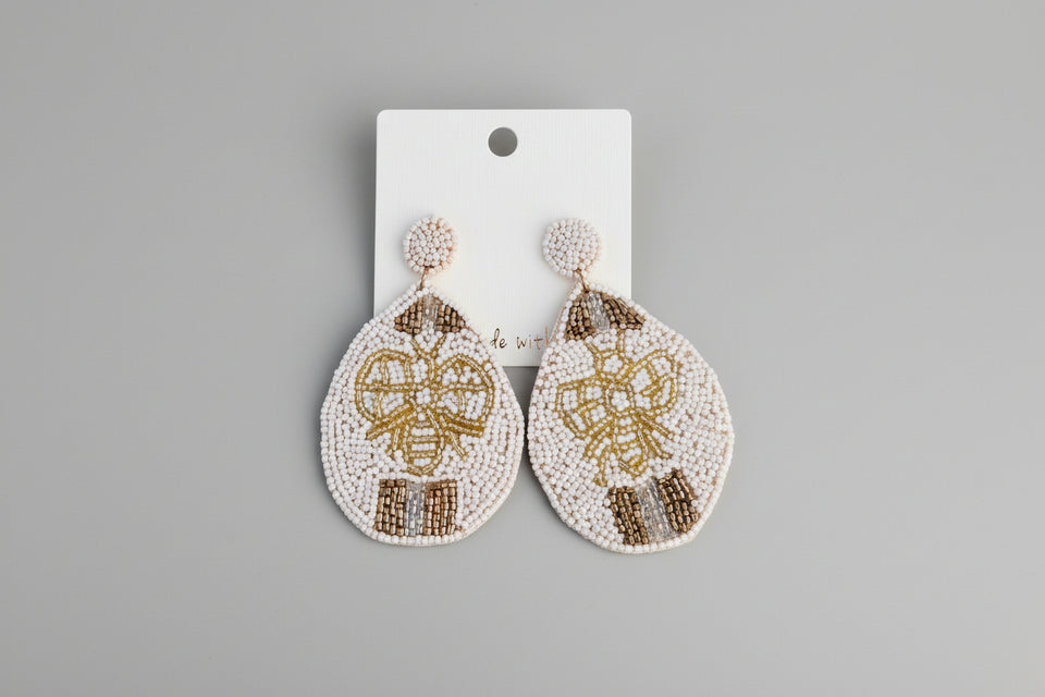 Queen Bee Oval Beaded Earrings-White - ReservedChic