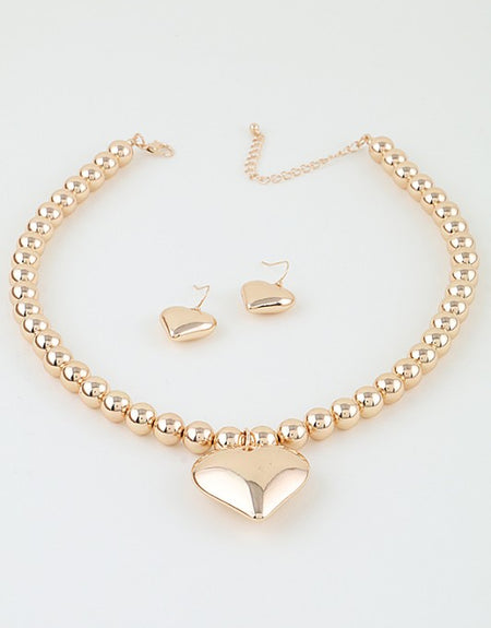 Gold Puffy Heart Necklace Set - ReservedChic