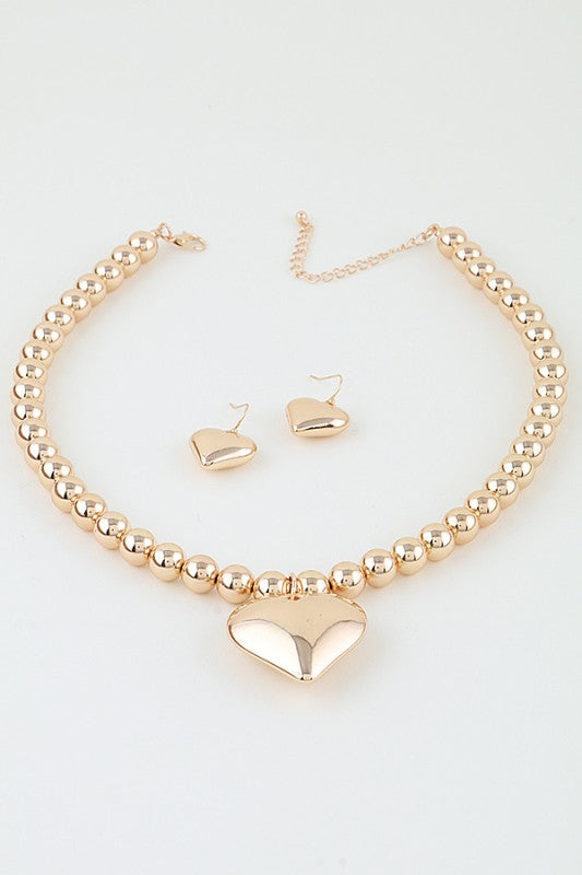 Gold Puffy Heart Necklace Set - ReservedChic