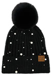 C.C Pearl Embellishments Pom Beanie Black
