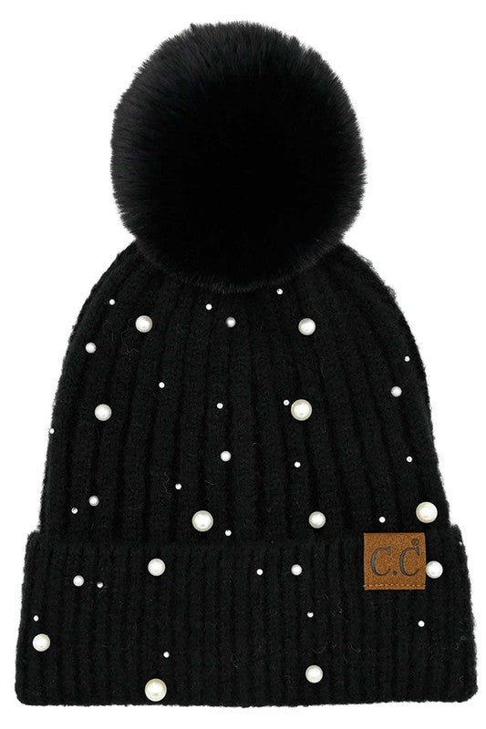 C.C Pearl Embellishments Pom Beanie Black