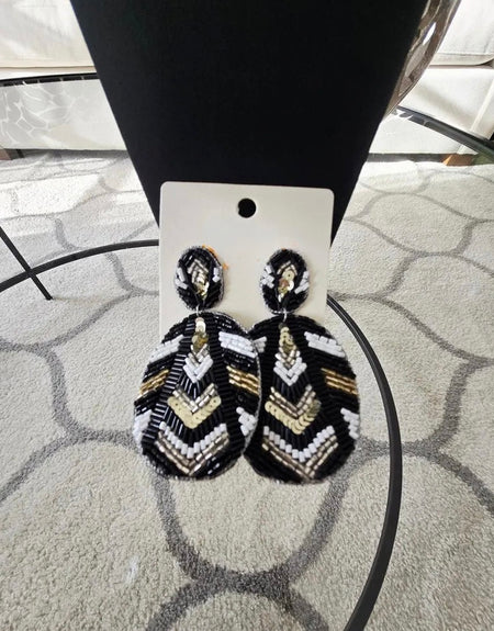 Black White Beaded Oval Earrings