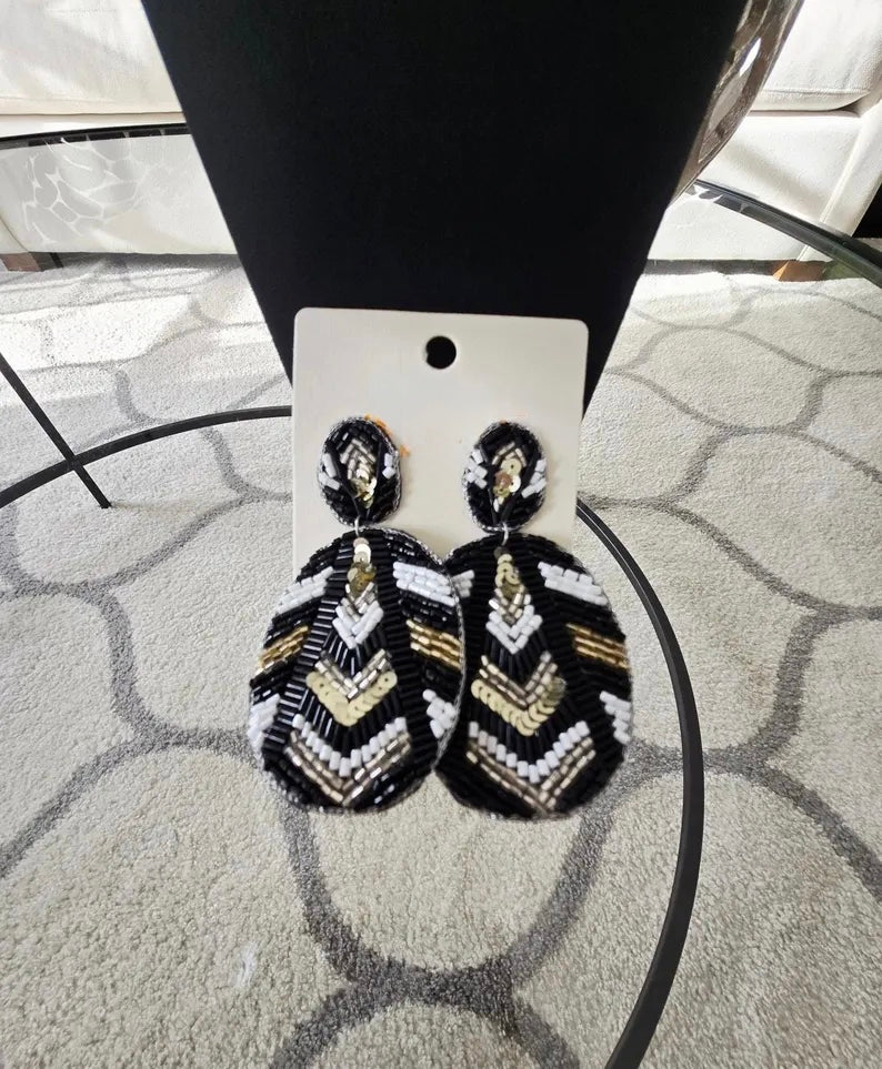 Black White Beaded Oval Earrings