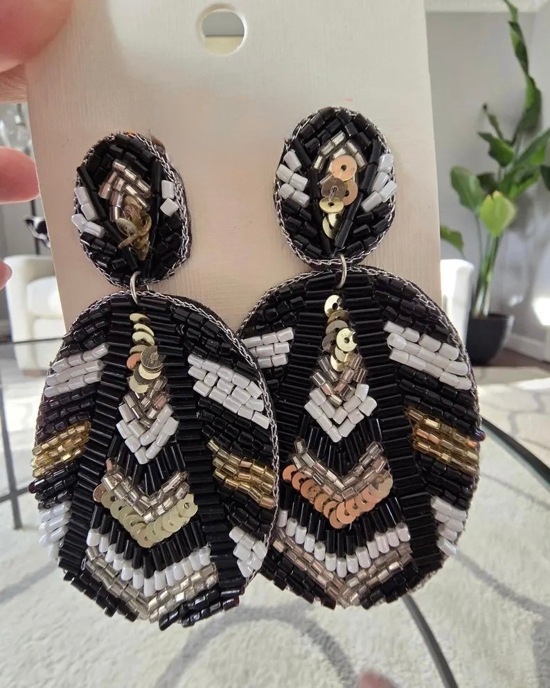 Black White Beaded Oval Earrings