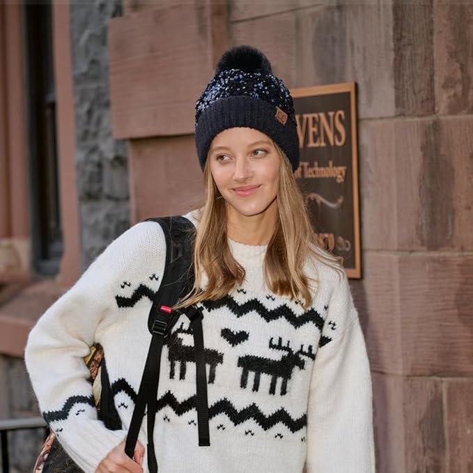 C.C. Sequin Fur Pom Beanie Black