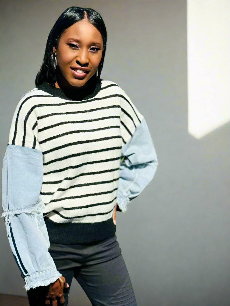 Denim Sleeve Stripe Sweater