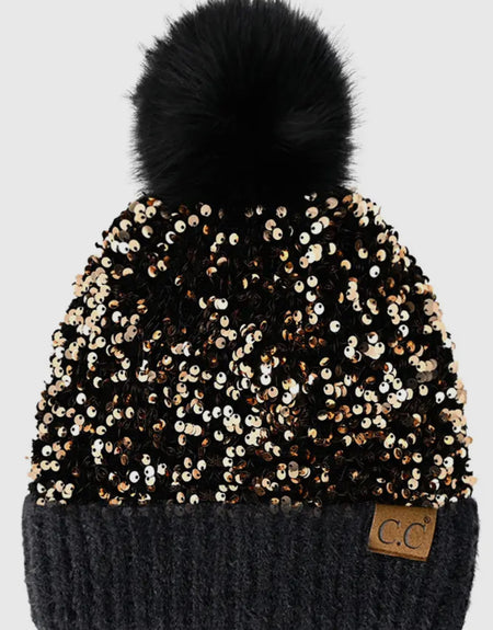 C.C. Sequin Fur Pom Beanie (Gold)