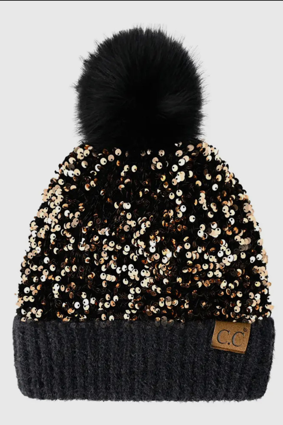 C.C. Sequin Fur Pom Beanie (Gold)