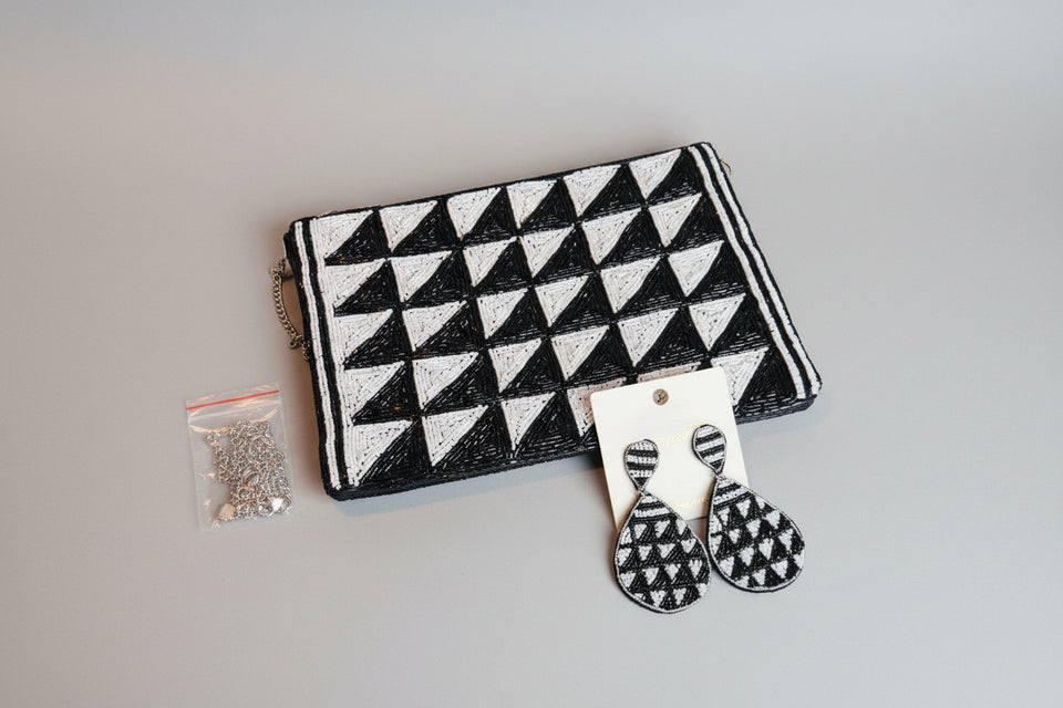 Tri Black White Beaded Bag