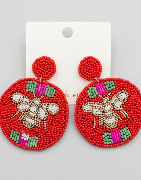 Queen Bee Round Beaded Earrings-Red
