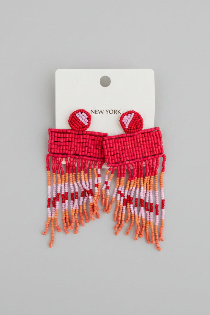 Kasey Red Fringe Beaded Earrings - ReservedChic